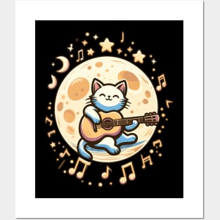 Cool and Cute Cat Playing Guitar under the Moon design Posters and Art